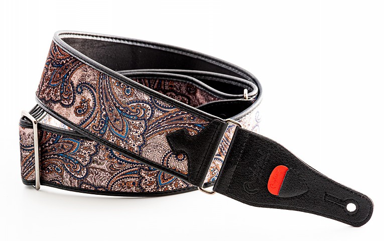 Model T-PAISLEY VELVET Brown. Guitar and bass strap, made of a rich and colorful velvet, with microfiber lining and faux leather ends with sliding adjustment system.